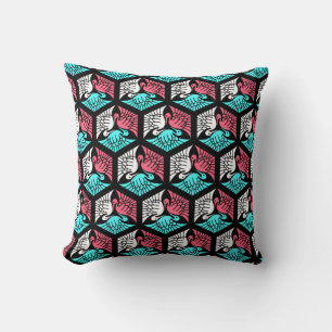 Coussin Grues japonaises, corail, turquoise et Black Thon