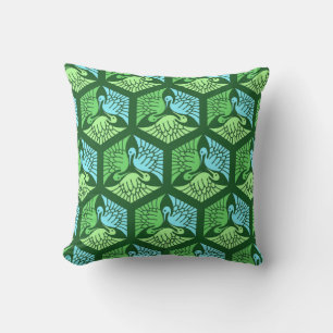 Coussin Grues japonaises, Jade Green et Bleu clair