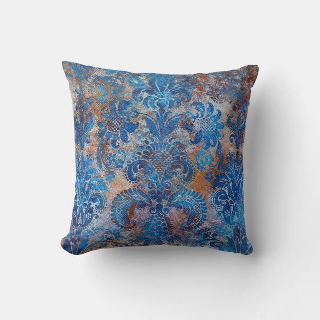 Coussin Grunge Damask Cobalt Blue Rust Orange (Recto)