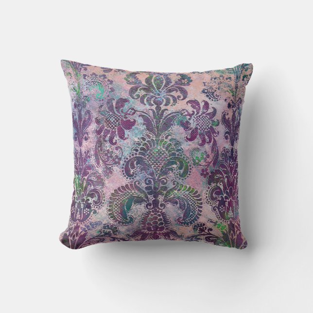 Coussin Grunge Damassé Rose Violet Chartreuse Turquoise (Recto)