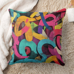 Coussin Grunge Graffiti Abstrait en Rose Jaune Bleu