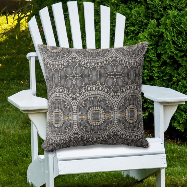 Coussin grunge steampunk art déco noir argent bohème (grunge steampunk art deco black silver bohemian outdoor pillow)