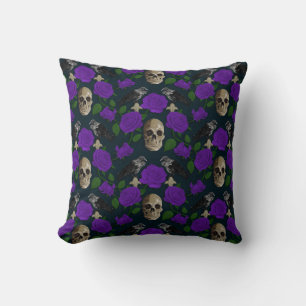 Coussin Grungy gothique foncé Vins Roses Corbeau crâne vio