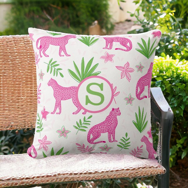 Coussin Guépard Floral Monogramme Rose Prépa (Créateur téléchargé)