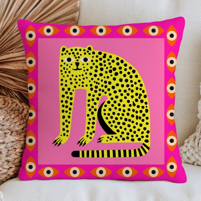 Coussin Guépard jaune vif sur yeux méchants rose Funky  (Créateur téléchargé)