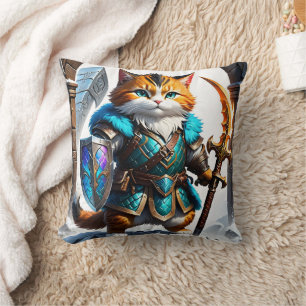 Coussin Guerrier de chat aventurier en armure magique