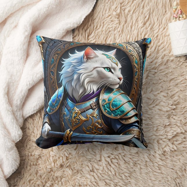 Coussin Guerrier de chat enchanté en armure décorative (Couverture)