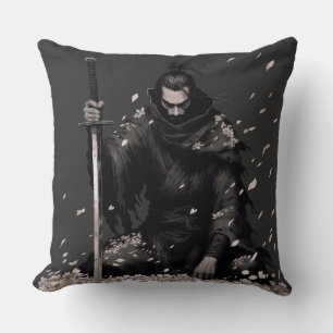 Coussin Guerrier Samouraï Minimal Dark avec Pétales de Sak