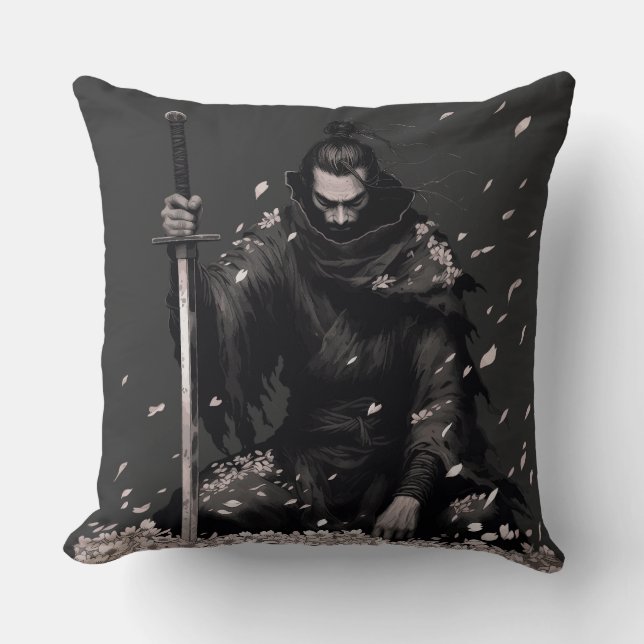 Coussin Guerrier Samouraï Minimal Dark avec Pétales de Sak (Recto)