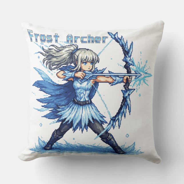 Coussin Guerrière Archère de Givre en Pixel Art Rétro (Recto)