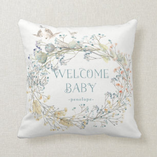 Coussin Guirlande de fleur sauvage avec le bébé bienvenu