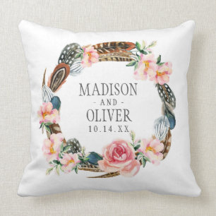 Coussin Guirlande florale d'aquarelle avec des plumes