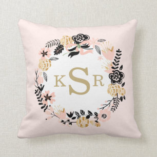 Coussin Guirlande florale d'or noir rose de pêche décor
