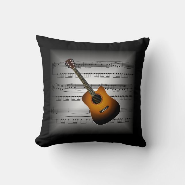 Coussin Guitare ~ 3-D Partition Musique ~ Gris/Noir Coussi (Recto)
