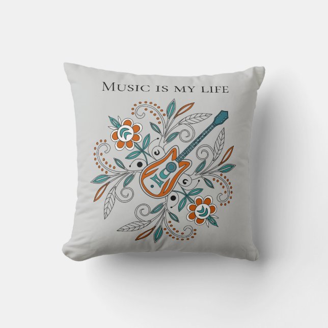 Coussin Guitare Boho Rock’n’Roll avec fleurs (Recto)