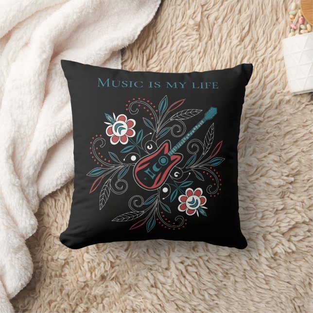 Coussin Guitare Boho Rock’n’Roll avec fleurs (Couverture)