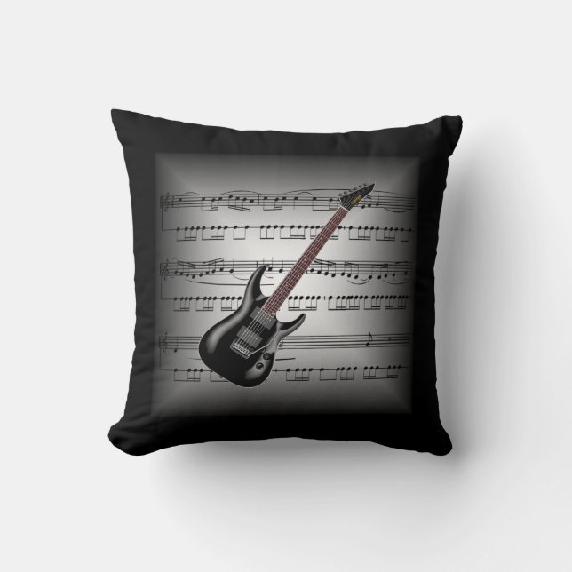 Coussin Guitare Elec ~ 3D Partition Musique ~ Gris/Noir Co (Recto)