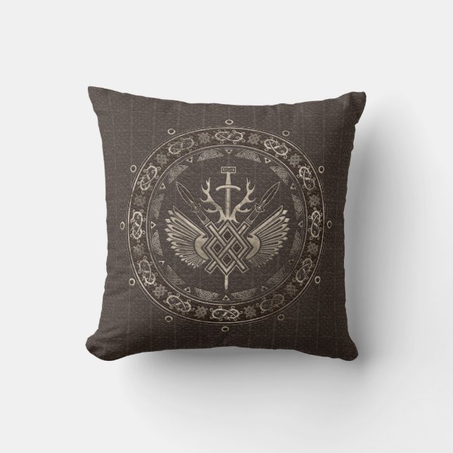 Coussin Gungnir - lance de cuir Brown et d'or d'Odin (Recto)