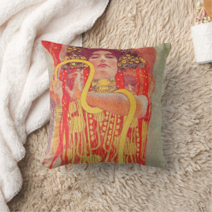 Coussin Gustav Klimt Femme Rouge Peinture de Serpent en Or
