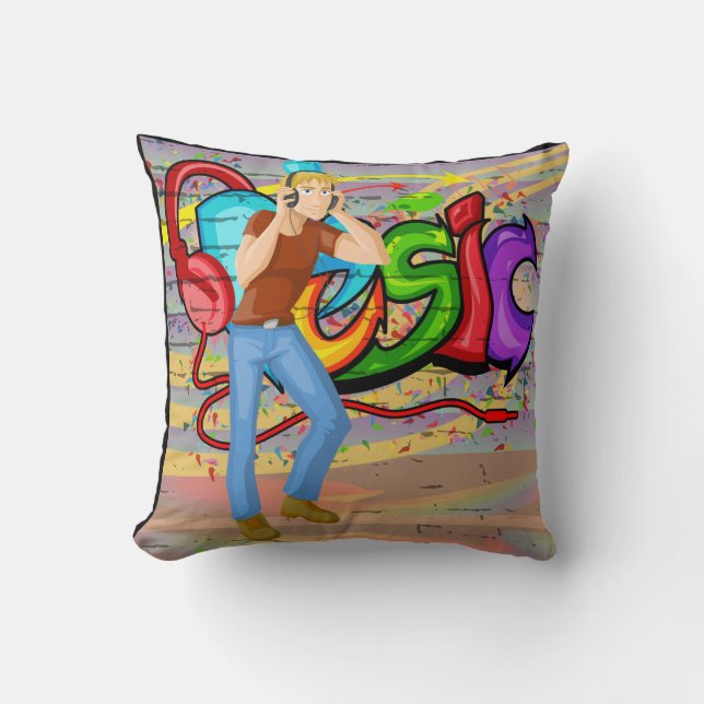 Coussin Guy avec casques et musique Graffiti Wall (Recto)