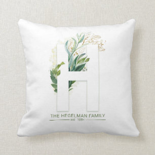 Coussin H Monogramme Élégant Gold Green Nom de famille