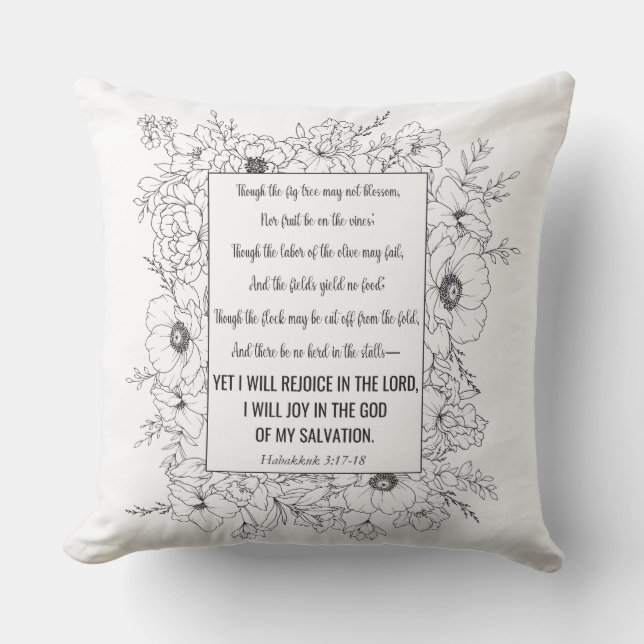 Coussin Habakkuk 3:17-18 Bible Verse Floral Line Art (Recto)