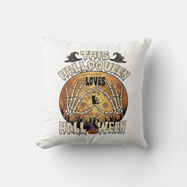 Coussin Halloqueen Aime Halloween Squelette Mains Chat Noi (Recto)
