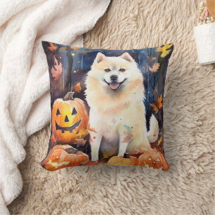Coussin Halloween American Akita avec citrouilles effrayan
