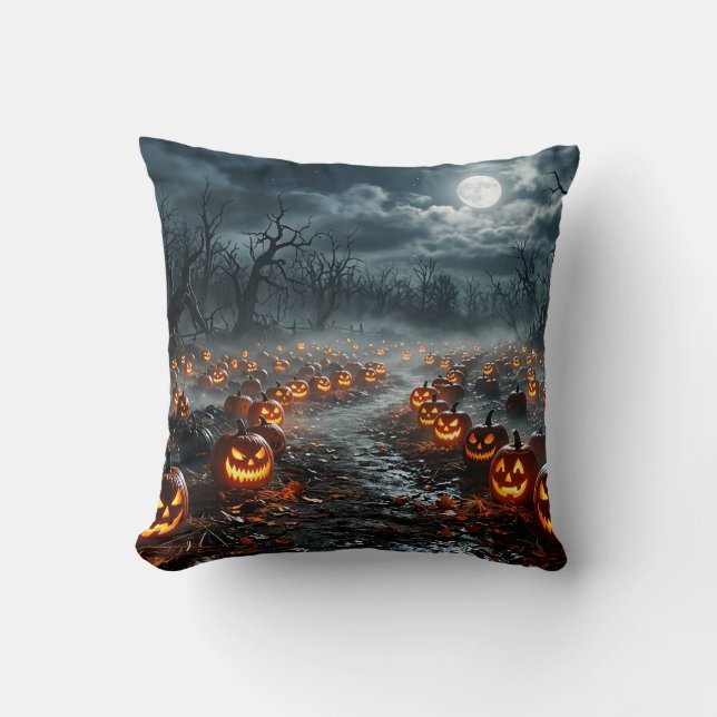 Coussin Halloween avec des arbres effrayants et des citrou (Recto)