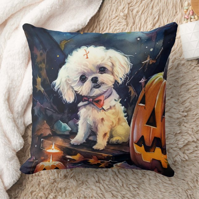 Coussin Halloween Bichon Frise Avec La Peur Citrouille (Couverture)