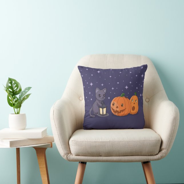 Coussin Halloween Black Cat Pumpkins Lantern Purple (Chaise)