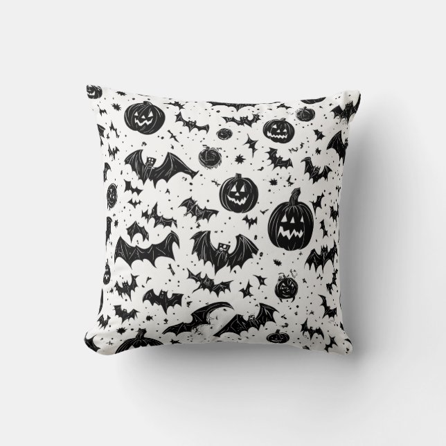 Coussin Halloween Black White Jack O'Lantern Bat Doodle (Recto)