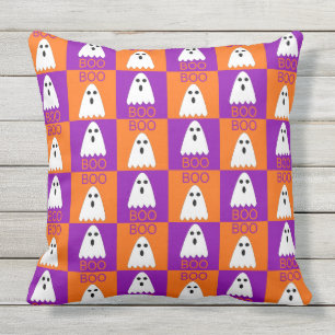 Coussin Halloween Boo Ghost Purple et Carrés orange