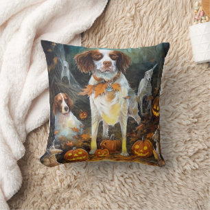 Coussin Halloween Brittany Spaniel avec citrouilles effray