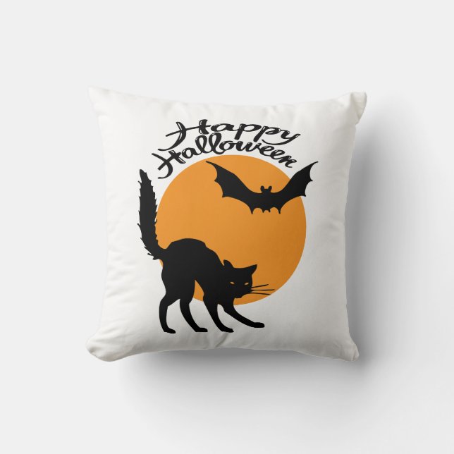 Coussin Halloween chat noir et chauve-souris avec lune, ha (Recto)