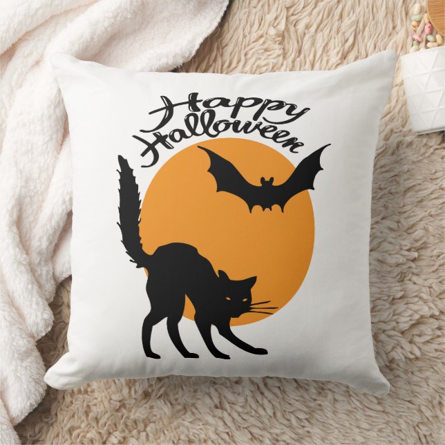 Coussin Halloween chat noir et chauve-souris avec lune, ha (Couverture)