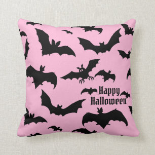 Coussin Halloween chauves-souris roses et noires