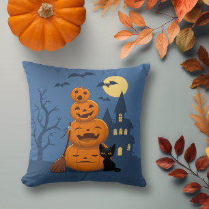 Coussin Halloween Citrouilles et chat noir