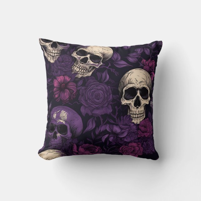 Coussin Halloween Crânes floraux noirs violets (Recto)