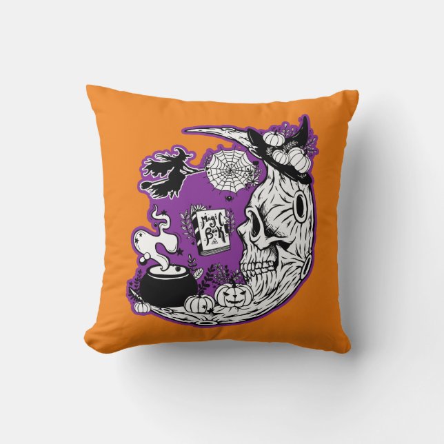 Coussin Halloween Crescent Lune Sorcière crâne lancer orei (Recto)