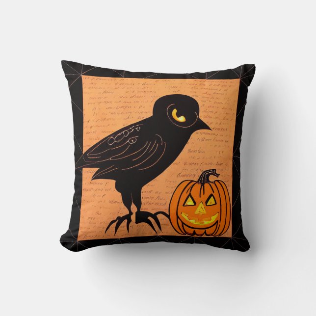 Coussin Halloween Crow et le Citrouille Nevermore par kedo (Recto)