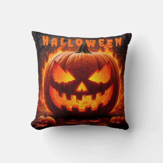Coussin Halloween éffrayant Jack-O''-lanterne avec flamme (Recto)