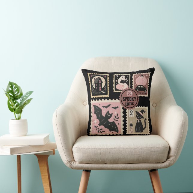Coussin Halloween en rose timbres Postal Chat Citrouille c (Chaise)