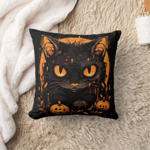 Coussin Halloween Envoûtant : Chat Noir Parmi les Citrouil