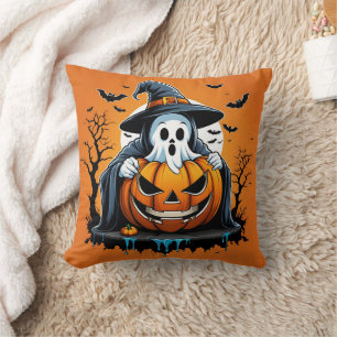 Coussin Halloween fantôme avec citrouille sous ciel éffray
