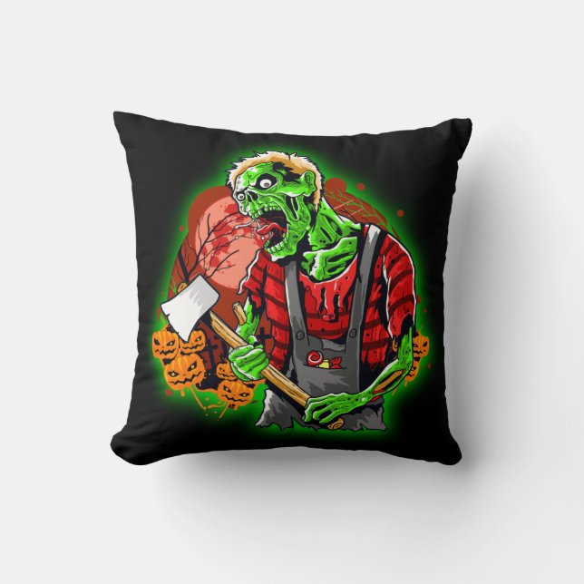 Coussin Halloween Funny Green Zombie Ax sur (Recto)