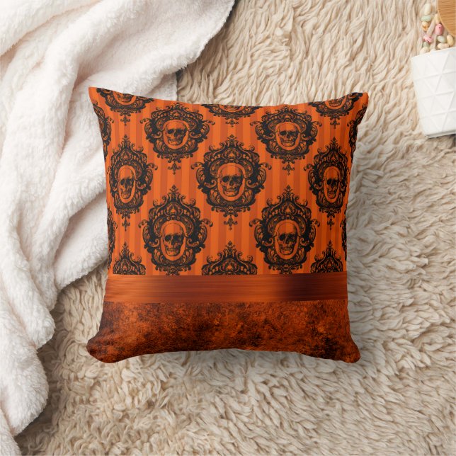 Coussin Halloween gothique chic | Crânes orange et noirs (Couverture)