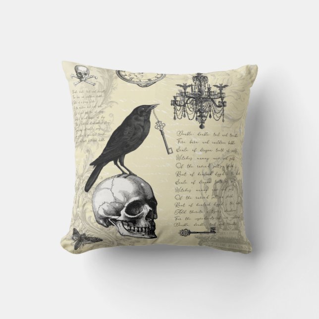 Coussin Halloween gothique du crâne corbeau et du lustre (Recto)