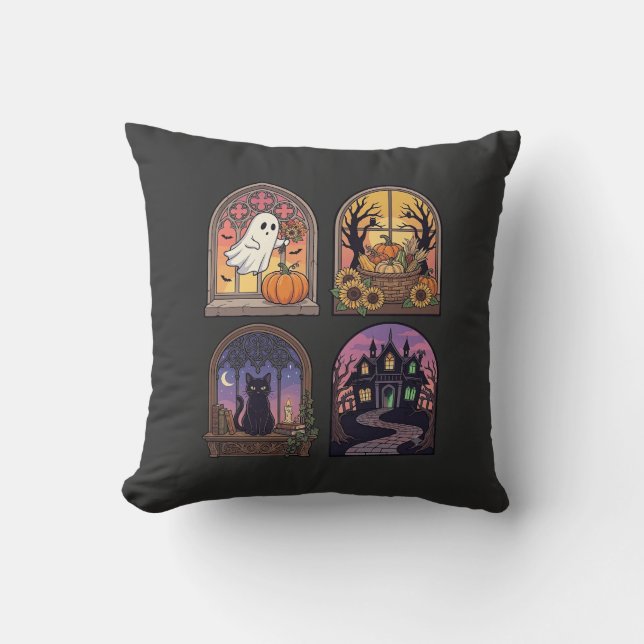 Coussin Halloween Gothique Fenêtre Fantôme Citrouille Chat (Recto)
