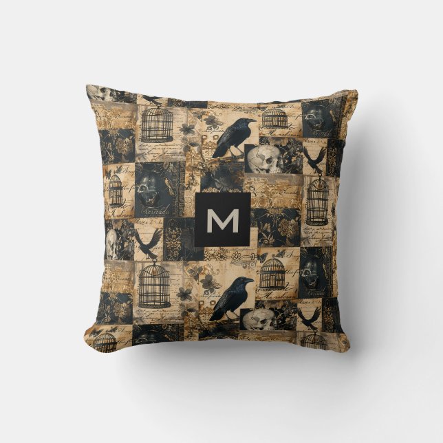 Coussin Halloween gothique victorien Monogramme Patchwork (Recto)